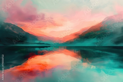 Fotografie, Tablou An abstract landscape that conveys the concept of a sunrise over a mountain lake