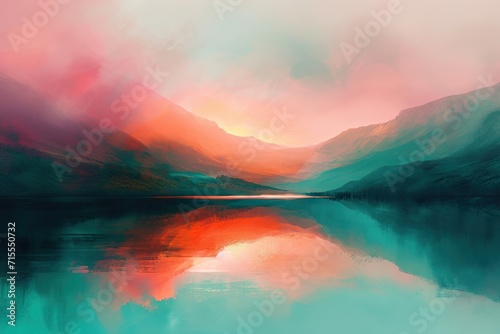 Tablou canvas An abstract landscape that conveys the concept of a sunrise over a mountain lake