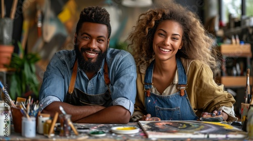 smiling multiethnic couple in their painting workshop photo