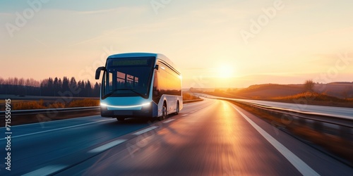 Capturing The Journey: An Electric Tourist Bus Glides Through The Road. Сoncept Cityscape Adventures, Sustainable Tourism, Futuristic Travel, Exploring Landmarks, Green Transportation © Ян Заболотний