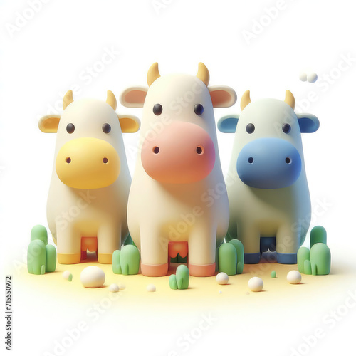 Three Cute Cartoon Cows. 3D Cartoon Clay Illustration on a light background.