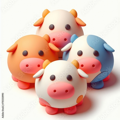 Four Cute Cartoon Cows. 3D Cartoon Clay Illustration on a light background.