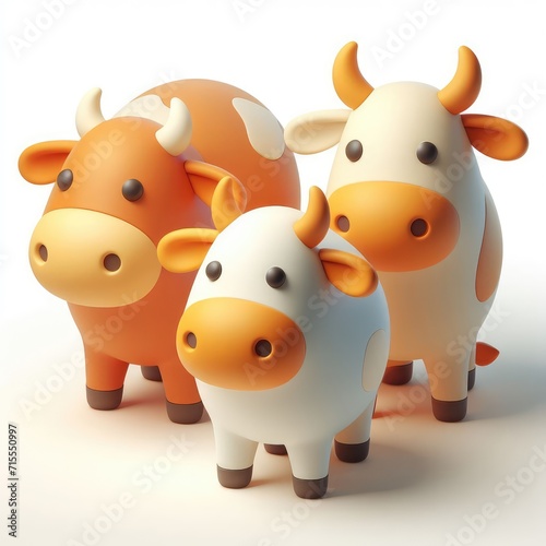 Three Cute Cartoon Cows. 3D Cartoon Clay Illustration on a light background.