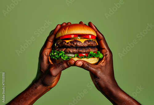 Black hand holding a delicious hamburger with cheese and salad, on a green background