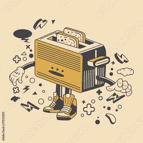  Retro Toaster Cartoon Character Vector Illustration