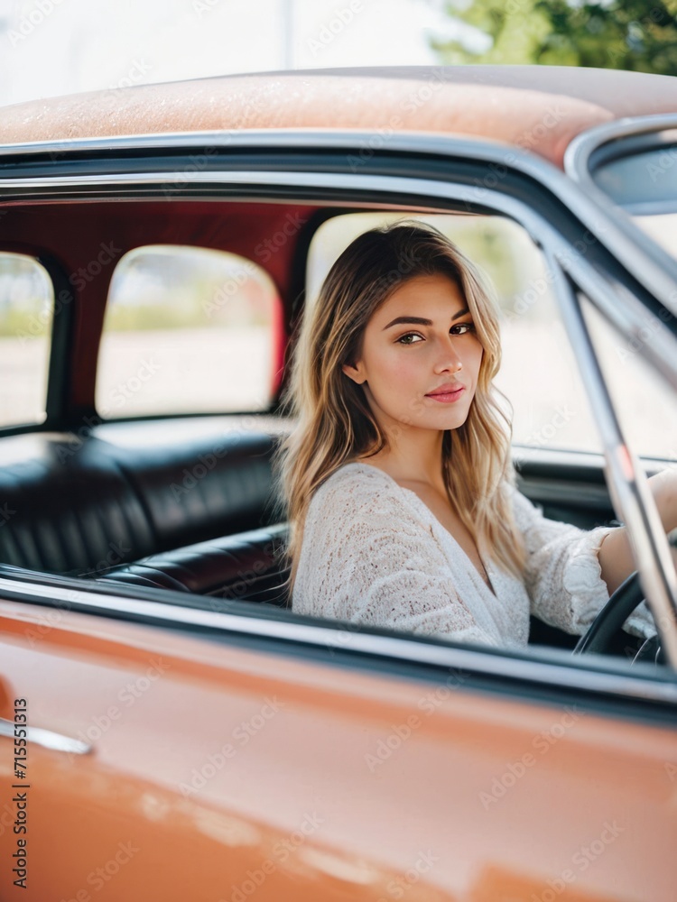 young attractive girl inside a car driver seat looking out through the window