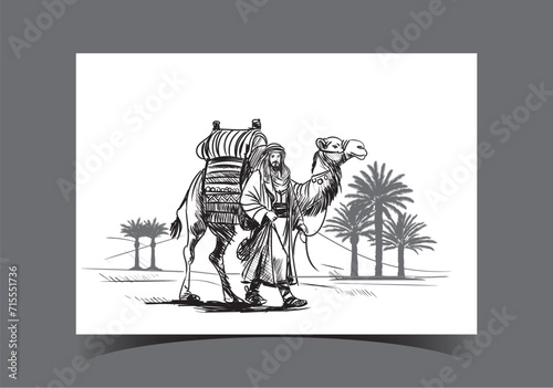 camels in the desert illustration Art Vector. (ID: 715551736)