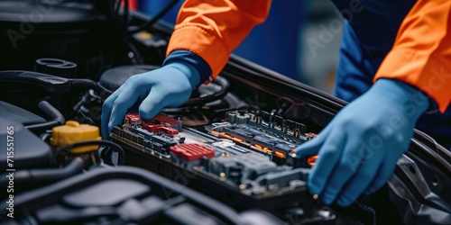 Expert Technician Examines Opened Lithiumion Car Battery For Repair With Gloved Hands. Сoncept Battery Repair Techniques, Lithium-Ion Battery Examination, Technician's Safety Precautions