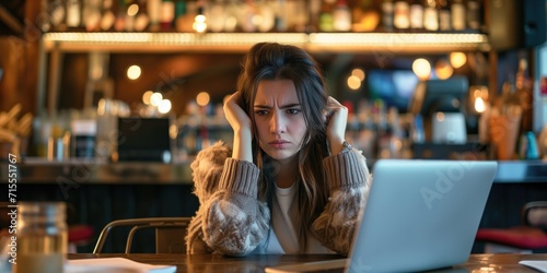 Woman's Struggle With Laptop In Noisy Bar Leads To Frustration. Сoncept Work-Life Balance, Technological Challenges, Noise Pollution, Frustration, Adaptability