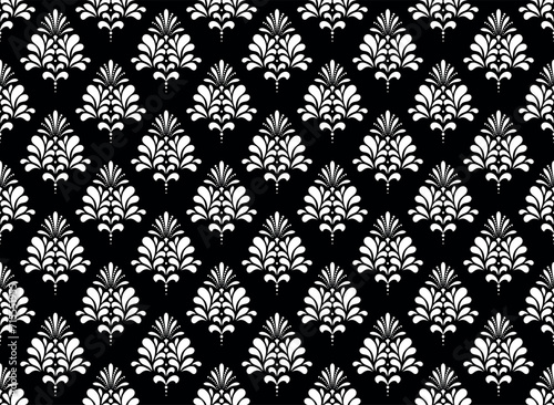 Wallpaper in the style of Baroque. Seamless vector background. White and black floral ornament. Graphic pattern for fabric, wallpaper, packaging. Ornate Damask flower ornament