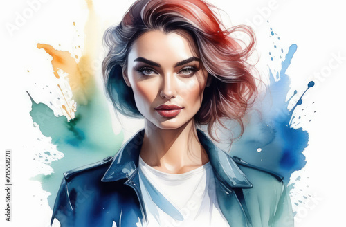 closeup portrait of young attractive caucasian girl in jacket, watercolor illustration photo