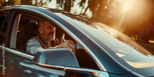 Man Driving An Ecofriendly Car With A Rooftop Solar Panel. Сoncept Ecofriendly Transportation, Solar-Powered Vehicles, Sustainable Mobility