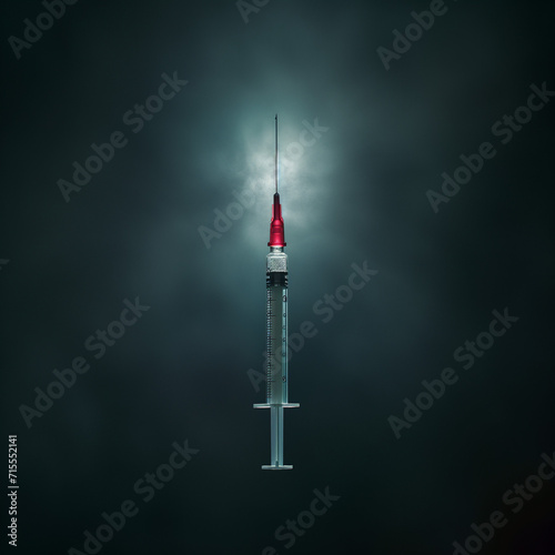 Solitary Struggle: A Symbolic Image of a Lone Syringe Amidst Emptiness and Isolation. The Dark Background and Soft White Lighting, Theme of Drug Abuse