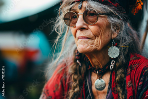 Portrait of old woman with long gray hair, with glasses, wearing bright colored informal psychedelic clothes in gypsy or hippie style. Concepts: wisdom, freedom. active longevity, health, ethnic flavo photo