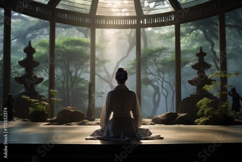 A girl meditates in a spacious room with panoramic floor-to-ceiling windows overlooking nature. Yoga and meditation class concept