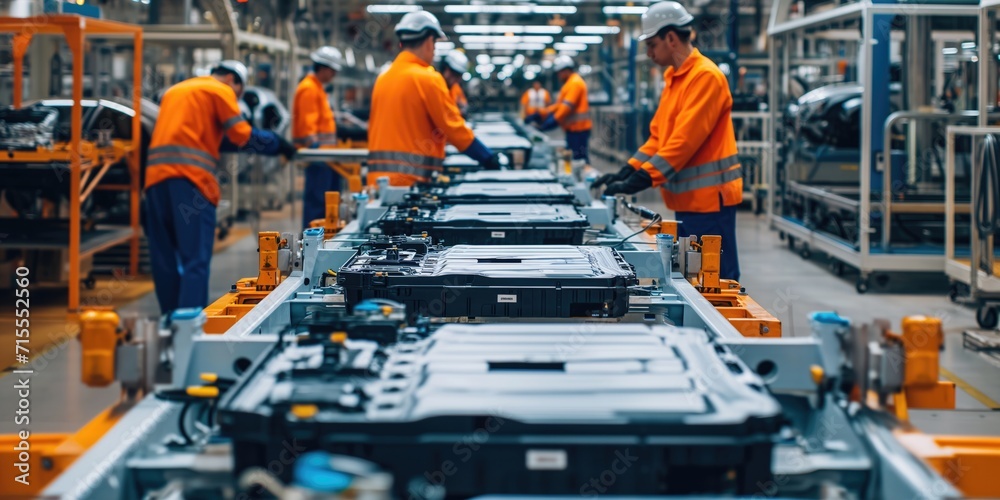 Workers Assembling Electric Car Batteries On A Bustling Factory Assembly Line. Сoncept Factory Assembly Line, Electric Car Batteries, Workers, Bustling Environment, Industrial Manufacturing - obrazy, fototapety, plakaty 