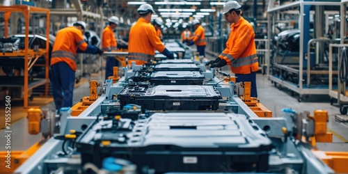 Workers Assembling Electric Car Batteries On A Bustling Factory Assembly Line. Сoncept Factory Assembly Line, Electric Car Batteries, Workers, Bustling Environment, Industrial Manufacturing photo