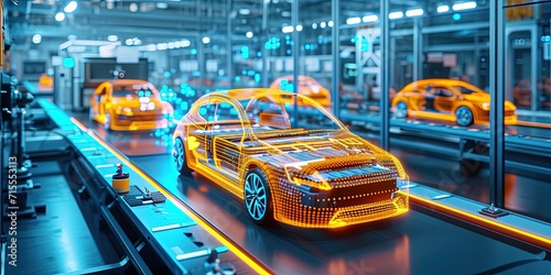 A Vibrant Depiction Of A Hightech Factory Assembling Electric Vehicle Battery Packs.   oncept Green Energy Innovation  Advanced Manufacturing  Sustainable Technology  Auto Industry Evolution