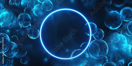 Balloons Illuminated With Neon Blue Light Ring On Dark Round Frame. Сoncept Neon Balloon Display, Dark Round Frame, Illuminated Props, Creative Photoshoot, Unique Lighting Effects