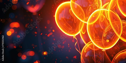 Vibrant Neon Orange Light Rings Illuminate Balloons On Dark Round Frame. Сoncept Neon Glow, Light Rings, Dark Background, Balloon Art, Vibrant Colors