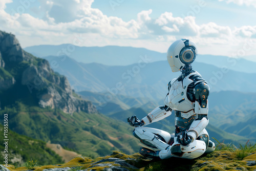 The robot yoga pose on the peak of mountain. AI Generative