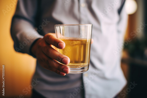 Close-up of a man's hand holding a glass of urine