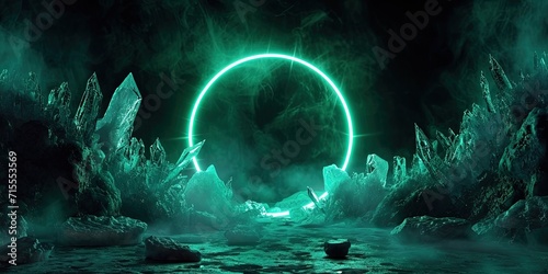 Ice Illuminated With Neon Green Light Ring On Dark Round Frame.   oncept Abstract Light Photography  Neon Ice Art  Dark And Vibrant Contrast  Illuminated Circular Composition
