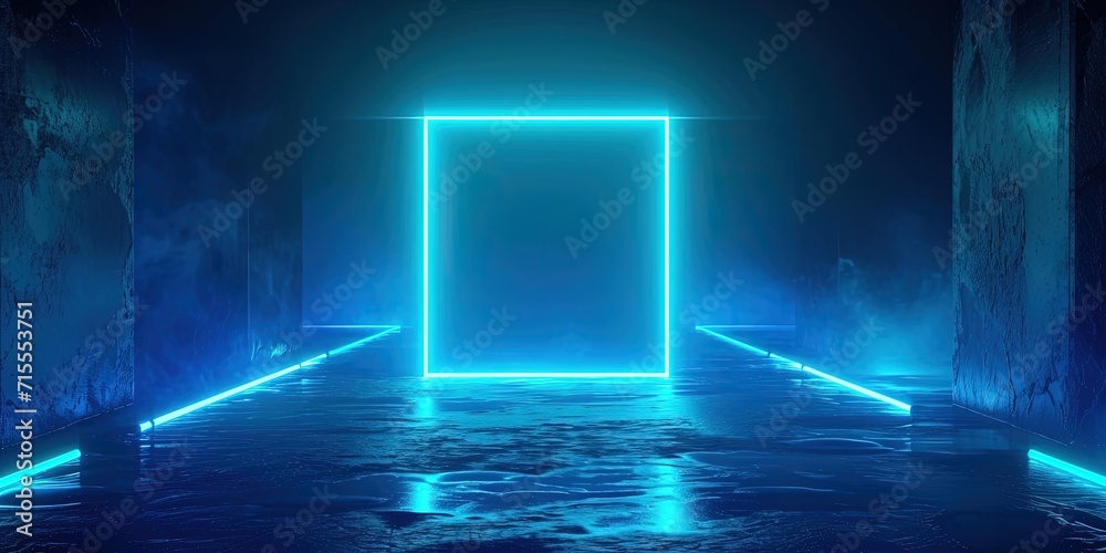 Lanterns Illuminated With Neon Blue Light Square On Dark Square Frame. Сoncept Outdoor Night Photography, Creative Lighting Techniques, Neon Blue Aesthetic, Lanterns As Decorative Props