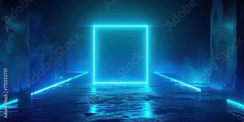 Lanterns Illuminated With Neon Blue Light Square On Dark Square Frame. Сoncept Outdoor Night Photography, Creative Lighting Techniques, Neon Blue Aesthetic, Lanterns As Decorative Props
