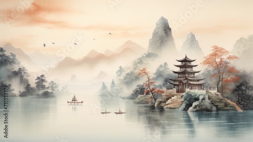 Traditional Chinese landscape painting, featuring majestic mountains shrouded in mist and a serene lake reflecting the soft glow of a large setting sun photo