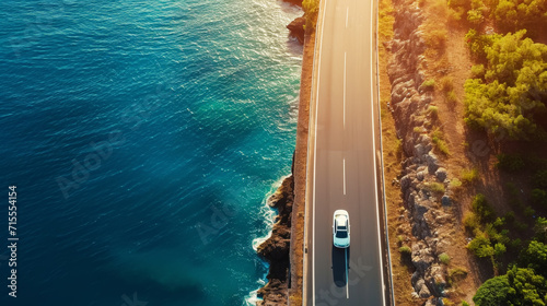 Aerial view of car driving on asphalt highway road near the ocean. Sun shine. Travel concept. Generative AI photo