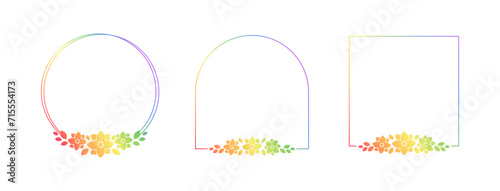 Rainbow floral frame template set. Pride Month Frame Border Design Element. Vector art with flowers and leaves. photo