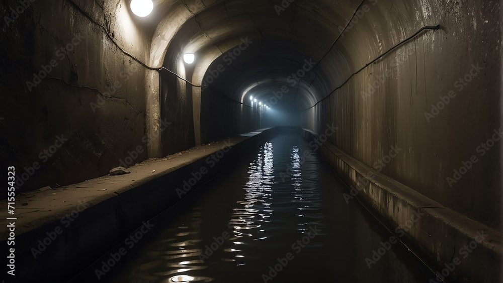 Underground sewer tunnel abandoned dark scary dirty passage, noir concept from Generative AI