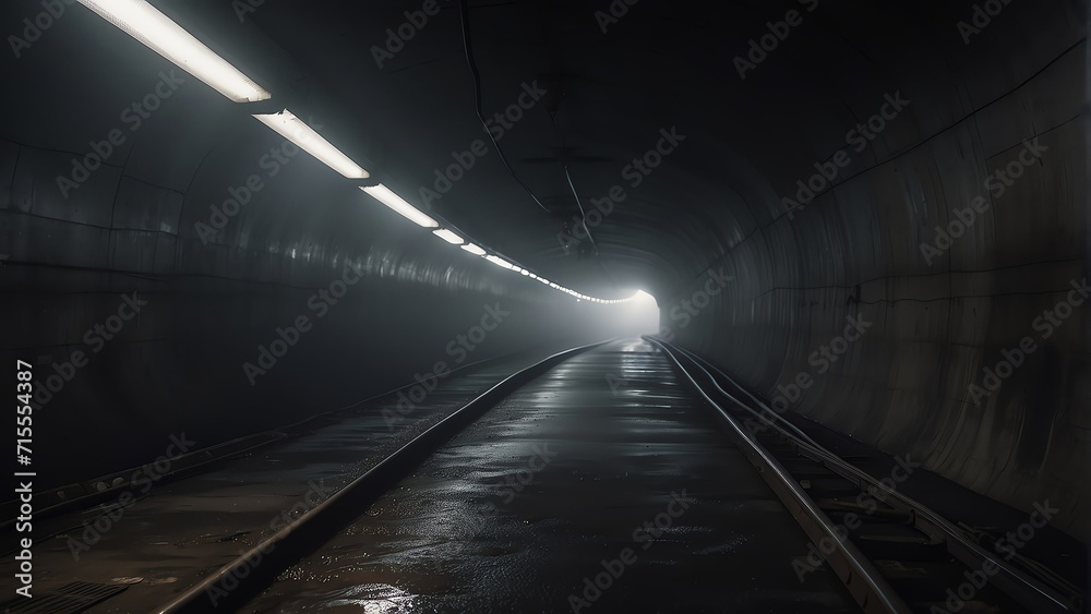 Underground foggy sewer tunnel abandoned dark scary dirty passage, noir concept from Generative AI