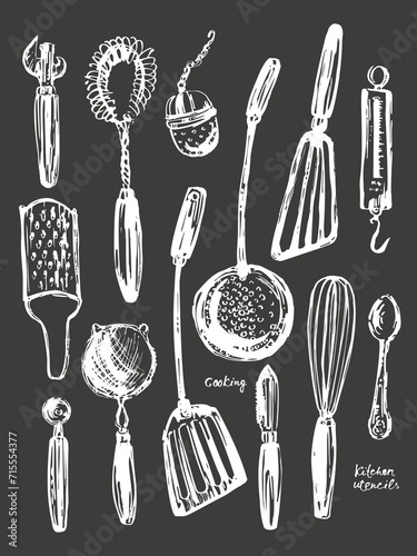 Hand drawn kitchen utensils set, chalk sketch