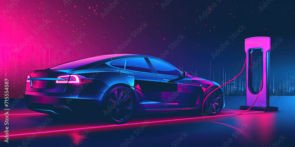 Illustration Of A Charging Station For Electric Cars With A Vibrant Energy Theme. Сoncept Renewable Energy Solutions, Electric Vehicle Infrastructure, Futuristic Charging Stations