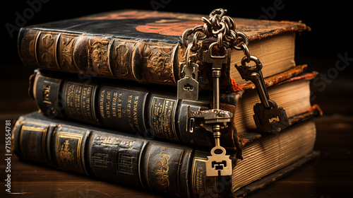 Ancient keys Once they could open different locks A stack of beautiful books on the table Old leather bound books on a shelf in a library Literature, reading concept banner or header.