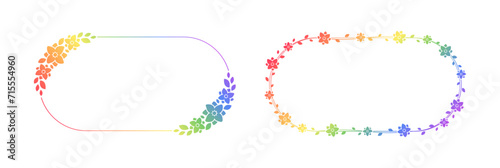 Oval rainbow floral frame template set. Pride Month Frame Border Design Element. Vector art with flowers and leaves.