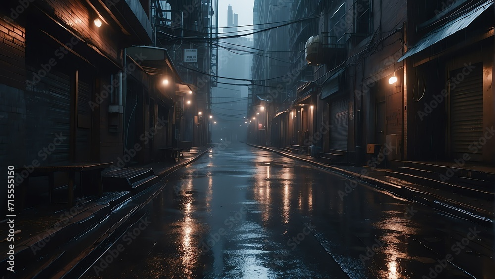 Dystopian scary dark alley way in cyberpunk city with buildings and rain from Generative AI - obrazy, fototapety, plakaty 