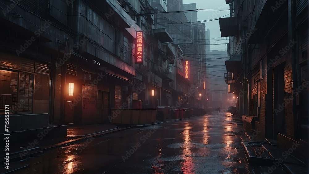 Dystopian dark alley way in cyberpunk city at sunset with buildings and rain from Generative AI