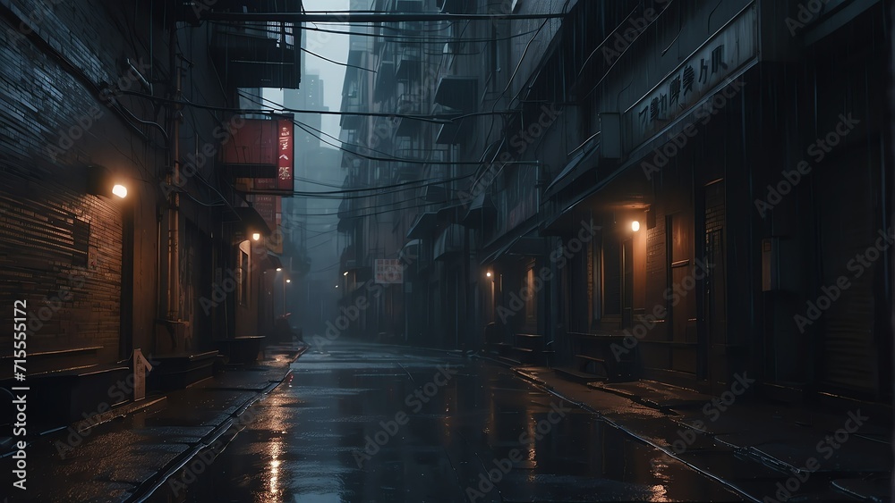 Dystopian scary dark alley way in cyberpunk city with buildings and rain from Generative AI