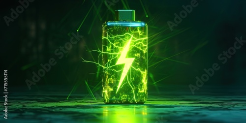 Lithium Ion Battery With A Lightning Bolt Icon , Water Illuminated With Neon Green Light Battery Shape On Dark Battery Shape photo
