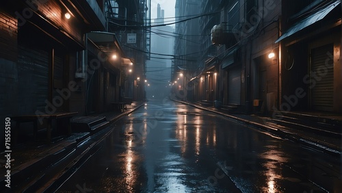 Dystopian scary dark alley way in cyberpunk city with buildings and rain from Generative AI