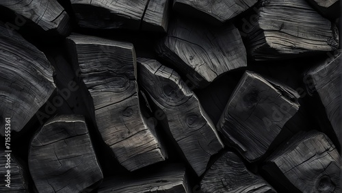Charred burned wood texture background, black charcoal close up from Generative AI photo