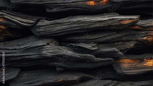 Charred burned wood texture background, black charcoal close up from Generative AI photo