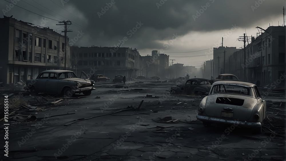 A destroyed apocalyptic city post apocalypse after a world war, noir from Generative AI