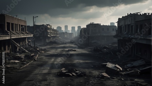 A destroyed dark apocalyptic city post apocalypse after a world war from Generative AI © sevenSkies