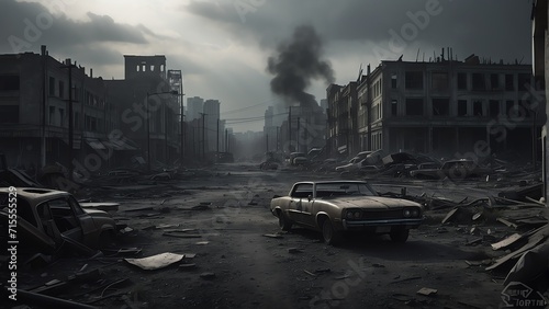 A destroyed apocalyptic city post apocalypse after a world war, noir from Generative AI #715555529
