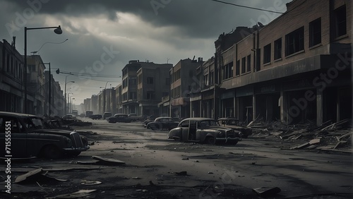 A destroyed apocalyptic city post apocalypse after a world war, noir from Generative AI