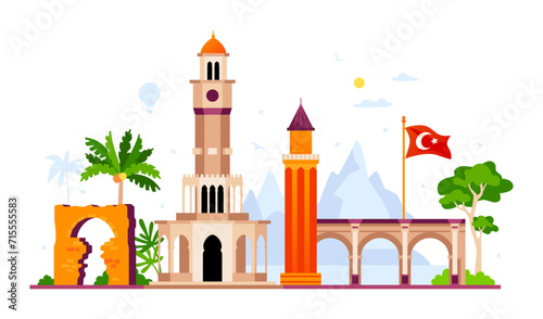 Historical monuments of Turkey - modern colored vector illustration with Arched gate in Side, Galata Tower and other landmarks. Architecture, summer vacation, mountains and nature. Landscape idea photo